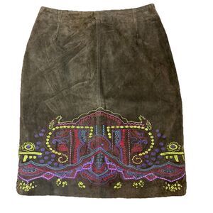 Vintage Clio Women’s 8 Brown 100% Leather Embroidered Skirt Boho Hippie